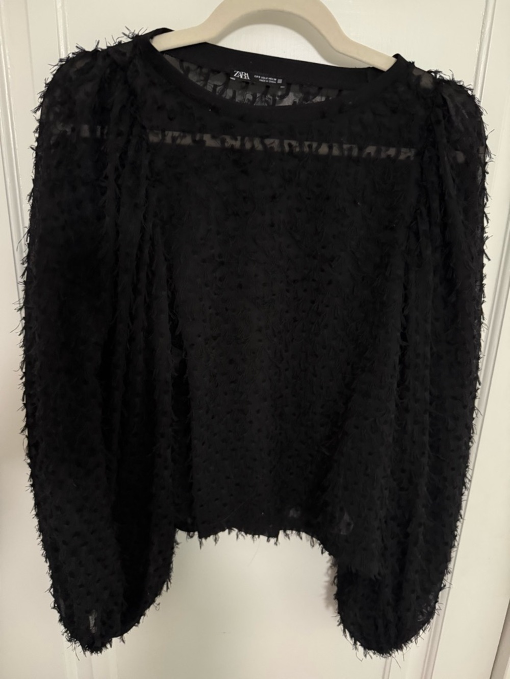 Zara Black Textured Puff-Sleeve Sheer Top